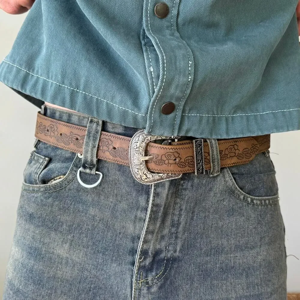 Y2K Brown Leather Belt Silver Buckle Adjustable Unisex Vintage New